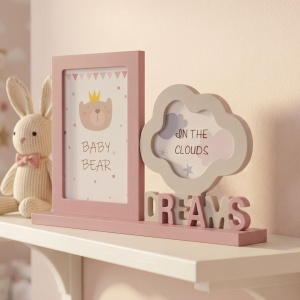 Ramă foto pentru copii, DREAMS, colaj pentru 2 poze, culoare roz