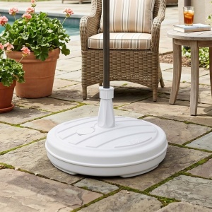 Round white parasol base – stable garden umbrella stand for patios and outdoor use