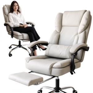 Scaun birou ergonomic skyline, reclinabil 90–155°, suport picioare extensibil, piele ecologică crem, suport lombar, bază metalică, 150 kg, KO51K