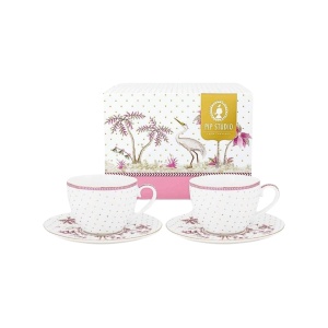 Set 2 căni cu farfurioare, din porțelan, Pip Studio, Dots Gold Pink, 280 ml, colecția Jolie