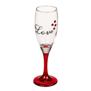 Set 2 pahare, de șampanie, cu inimioare, bază roșie, mesaj Love, 20 cm