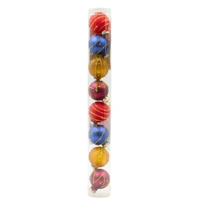 Set 8 globuri, din sticlă, roșu–albastru–auriu, diametru 3 cm