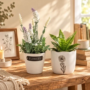 Set consisting of an artificial lavender plant in a white pot (28×9 cm) and a decorative white porcelain pot cover with a floral pattern (13×15 cm).
