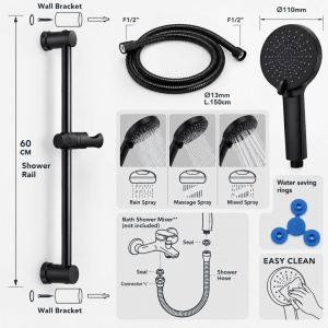 Set de duș complet, negru mat, cu pară de duș 3 funcții Ø11 cm, furtun inox 150 cm și bară reglabilă 60 cm
