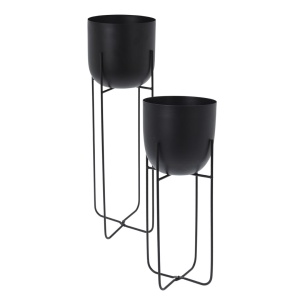 Set două ghivece decorative pentru plante și flori, din metal negru, cu picioare înalte și subțiri