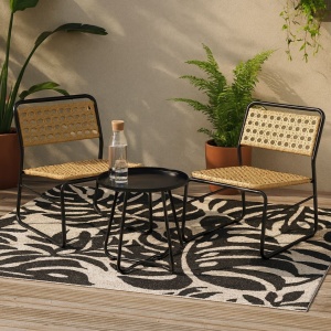 Set mobilier grădină 2 scaune și masă rotundă, structură metalică, împletitură ratan sintetic, culoare natur-negru