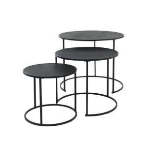 Set 3 măsuțe de cafea,rotunde, negre, 55/45/35 cm, design modern industrial, blat MDF și structură metalică