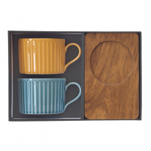 Set porțelan 2 căni 250ml și farfurii lemn acacia albastru/portocaliu - Img 4
