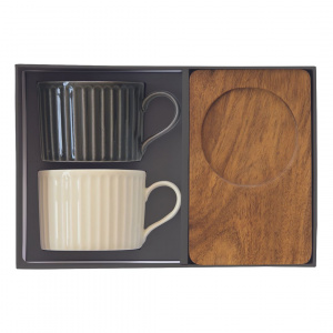 Set porțelan 2 căni 250ml și farfurii lemn acacia gri/verzuliu - Img 4