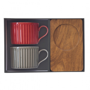 Set porțelan 2 căni 250ml și farfurii lemn acacia roșu/gri - Img 4