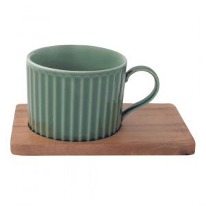 Set porțelan 2 căni 250ml și farfurii lemn acacia verde/gri - Img 2