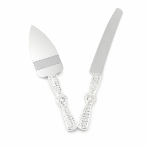 Set tort nuntă AZAY cu cristale – cuțit 32 cm și spatulă 26 cm, set servire tort elegant, accesorii nuntă, cadou premium femei