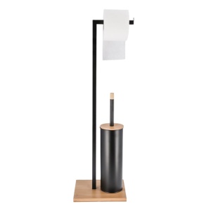 Suport pentru hârtie igienică, Jumi, cu perie WC, metal și bambus, culoare negru