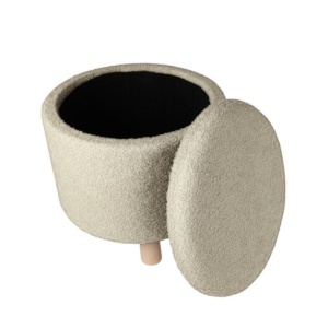 Taburet material alb Teddy, cu spatiu de depozitare și picioare de lemn, 40x37 cm
