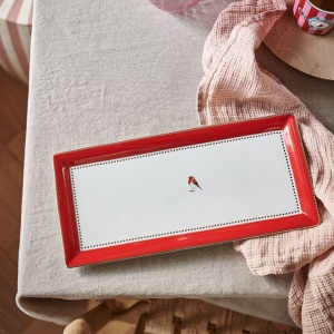 Tavă dreptunghiulară pentru tort, din porțelan, Pip Studio, 33,3x15,5cm, colecția Love Birds, Red-Pink