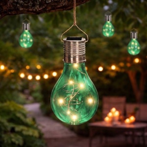Transparent green bulb-shaped solar lamp, LED, for garden, patio and outdoor use