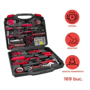 Trusă de scule si accesorii,169 de piese, FX Tool, negru si rosu, in valiză