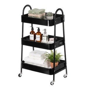 Cărucior de depozitare cu 3 rafturi din metal negru – mobil, organizare bucătărie & baie, 44x32x80 cm