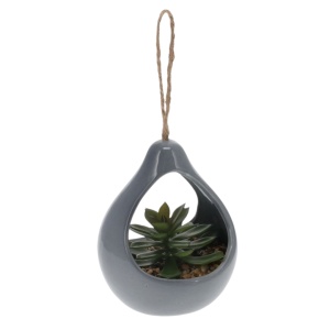 Plantă artificială Suculentă , în suport ceramic gri tip picătură, 14 cm, cu agatatoare din sfoară