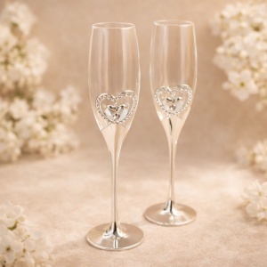 Set pahare șampanie AZAY cu inimă decorativă și cristale, 26.5 cm, pahare flute elegante, cadou cu cutie premium și tissue paper