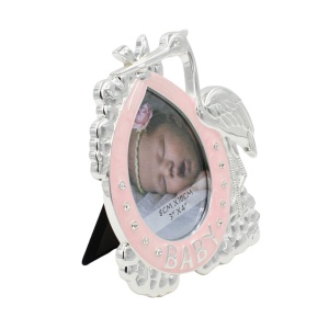 Ramă Foto BABY Barză Roz AZAY cu Cristale, 8x10 cm, Ramă Foto Nou-Născut, Cadou Botez Fetiță, Cutie Cadou Inclusă