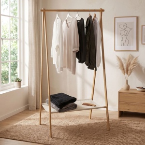 Bamboo clothes rack with fabric shelf, 155 x 86 x 57 cm