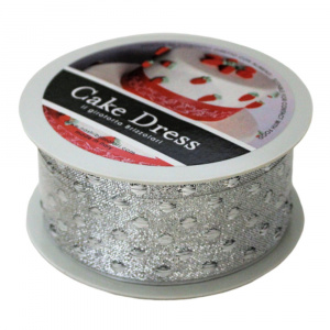 Bandă decorativă textilă Cake Dress, pentru torturi și prăjituri, 4.5cm x 10m, Dots argintiu