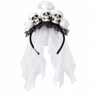 Bentiță Halloween, mireasă fantomă, cu 3 cranii decorative, trandafiri albi, dantelă neagră și voal lung din tul alb, accesoriu costum gothic horror