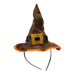 Bentiță Halloween, pălărie de vrăjitoare, cu vârf ascuțit, paiete portocalii, bandă neagră și cataramă aurie cu sclipici, boruri largi cu margine portocalie, accesoriu costum vrăjitoare