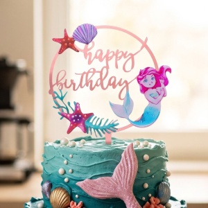 Cake Topper pentru tort cu mesaj Happy Birthday și sirenă
