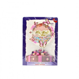 Cake Topper pentru tort cu mesaj La Mulți Ani cerc-fluturași mov