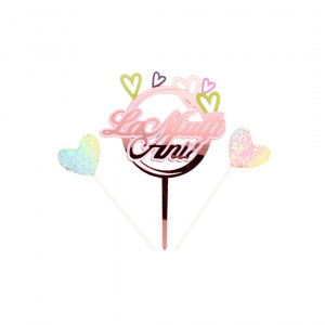 Cake Topper pentru tort cu mesaj La multi ani, cerc roz și inimioare