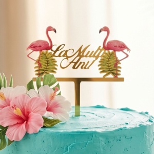 Cake Topper pentru tort cu mesaj La Mulți Ani și 2 Flamingo