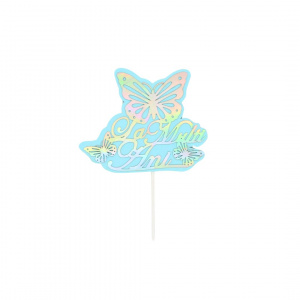 Cake Topper pentru tort cu mesaj La Mulți Ani și fluturi bleu-argintiu 