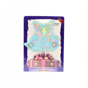 Cake Topper pentru tort cu mesaj La Mulți Ani și fluturi bleu-argintiu 