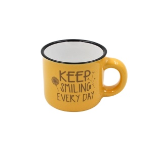 Cană cafea espresso Nekupto 80 ml, ceramică, galben, mesajul „KEEP SMILING EVERY DAY”