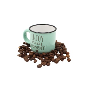 Cană cafea espresso Nekupto 80 ml, ceramică, verde, mesajul „Enjoy every moment”