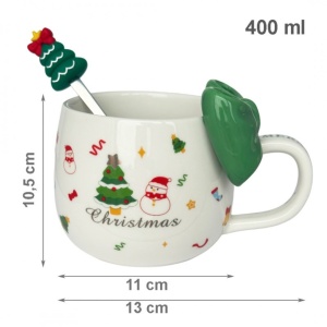 Cană ceramică, de Crăciun, cu fundă verde și linguriță, 400ml, KB25ZIE, eCarla