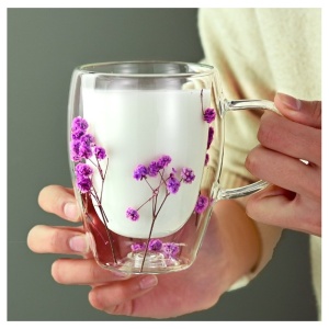 Cană cu flori uscate mov, pereți dubli, sticlă borosilicată, 300 ml
