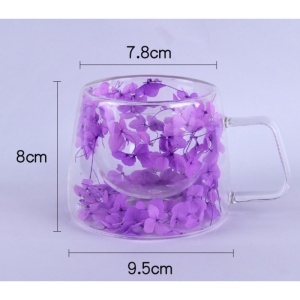 Cană cu flori uscate, pereți dubli, sticlă borosilicată, izolare termică, hortensie, 180 ml