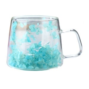 Cană cu flori uscate, pereți dubli, sticlă borosilicată, izolare termică, hortensie, turcoaz, 100 ml