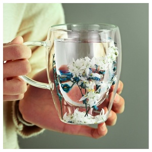 Cană cu flori uscate, pereți dubli, sticlă borosilicată, izolare termică, 300 ml - Img 2