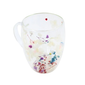 Cană cu inserție de flori uscate alb, roz și mov, hortensie și limonium, pereți dubli, sticlă borosilicată, 350 ml, Aurora Bloom