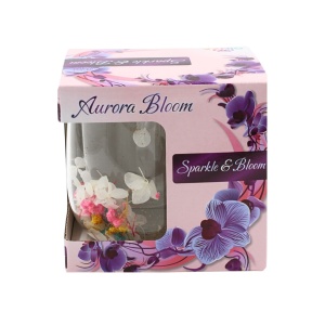 Cană cu inserție de flori uscate, hortensie alba și floarea miresei multicolor, pereți dubli, sticlă borosilicată, 250 ml, Aurora Bloom