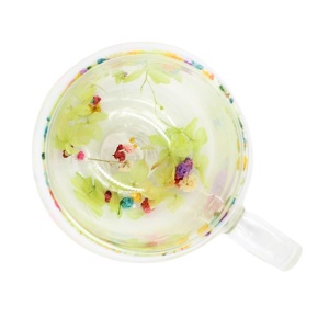Cană cu inserție de flori uscate, hortensie verde și floarea miresei multicolor, pereți dubli, sticlă borosilicată, 250 ml, Aurora Bloom