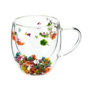 Cană cu inserție de flori uscate, limonium multicolor, pereți dubli, sticlă borosilicată, 250 ml, Aurora Bloom