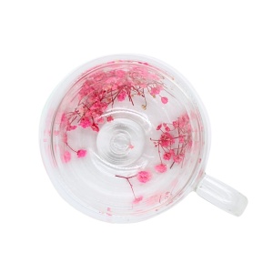 Cană cu inserție de flori uscate roz, floarea miresei, pereți dubli, sticlă borosilicată, 200 ml, Aurora Bloom