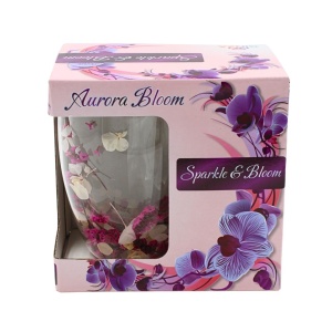Cană cu inserție de flori uscate roz, hortensie si limonium, pereți dubli, sticlă borosilicată, 350 ml, Aurora Bloom