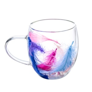 Cană cu inserție de pene mov, roz, albastru și alb, pereți dubli, sticlă borosilicată, 250 ml, Aurora Bloom