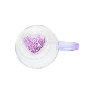 Cană cu model 3D inimioară mov, pereți dubli, sticlă borosilicată și inserție de sclipici, 300 ml, Aurora Glow